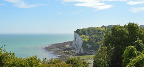 A green-blue sea, glimpse of beach and edge of white cliffs and green landscape in the foreground.