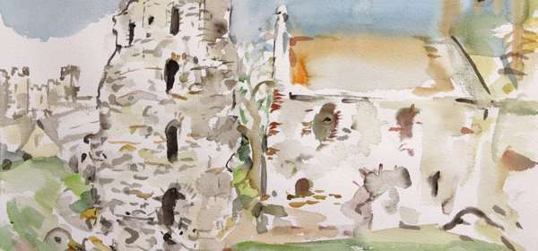 Watercolour of the Roman pharos and Saxon church and  at Dover Castle by Sophie von Hellermann