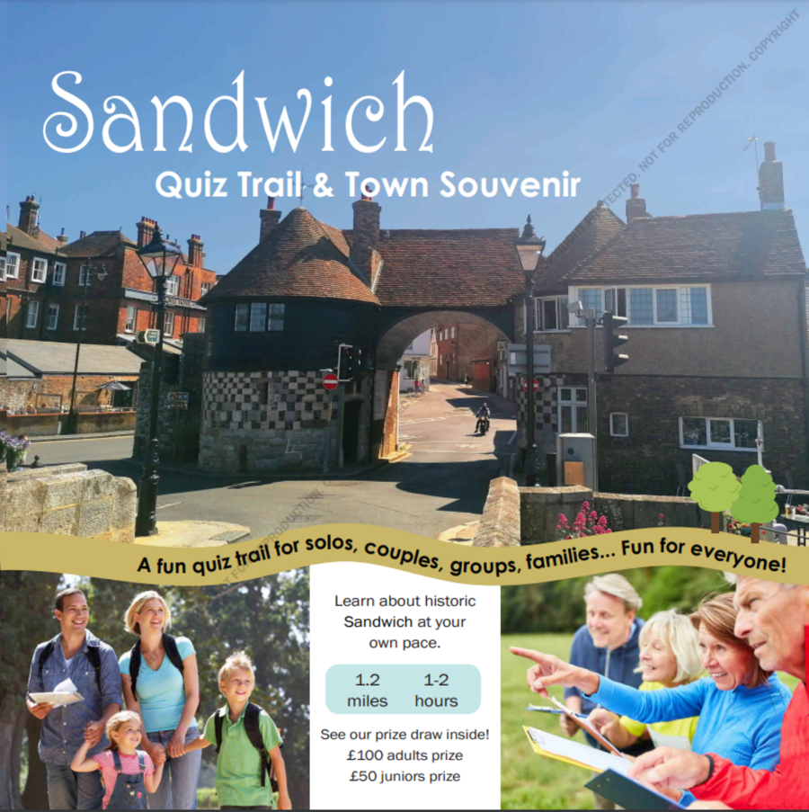 The front cover of Sandwich quiz trail and town souvenir booklet showing buildings and people using the booklet.